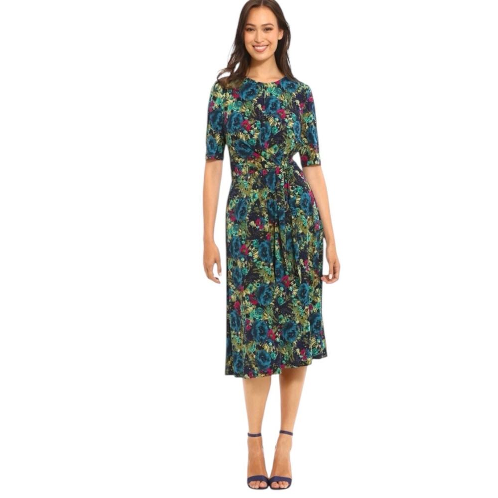 LONDON TIMES Dress Womens Size 12 Elbow Sleeve Fit & Flare Midi Teal Multicolor